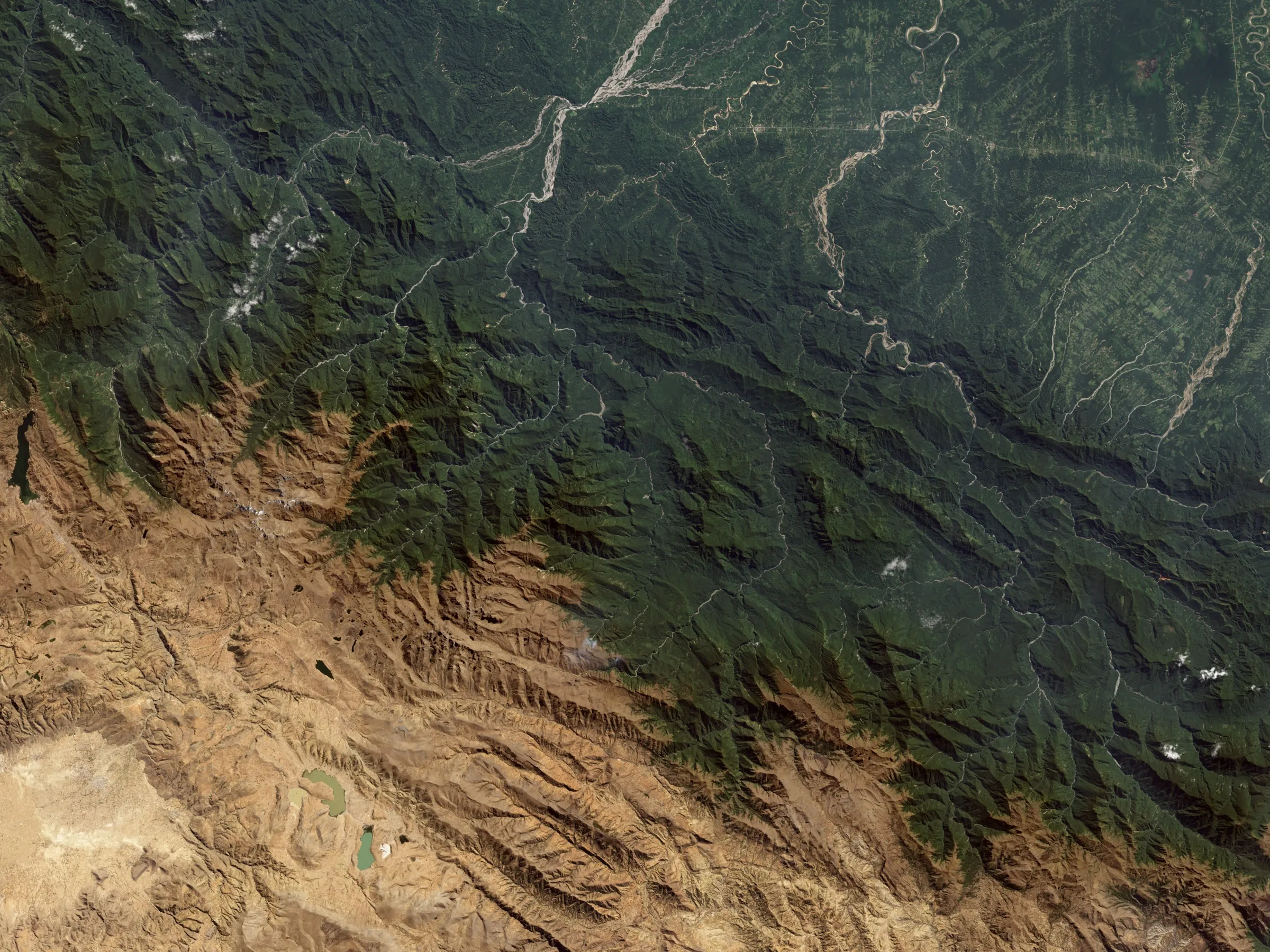 Imagen satelital Landsat 7 en color natural de los Andes bolivianos, con bosque andino y altiplano seco